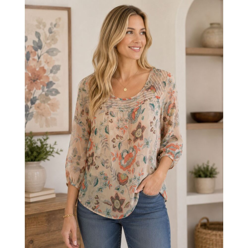 LC Lauren Conrad Size M Sheer Floral Blouse 3/4 Sleeve Beige Boho Pullover #3